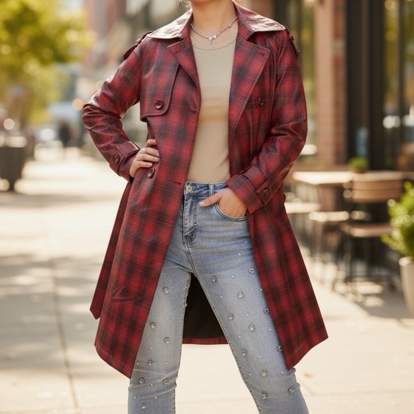 Stylish Red Plaid Women's Trench Coat NWOT - Picture 4 of 7